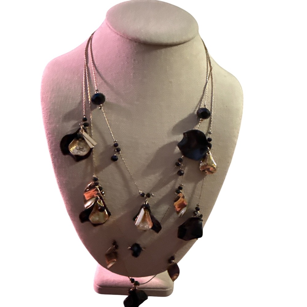 Black Beaded Multi Strand Petal Statement Necklace Gold Rose Gold Tone Long